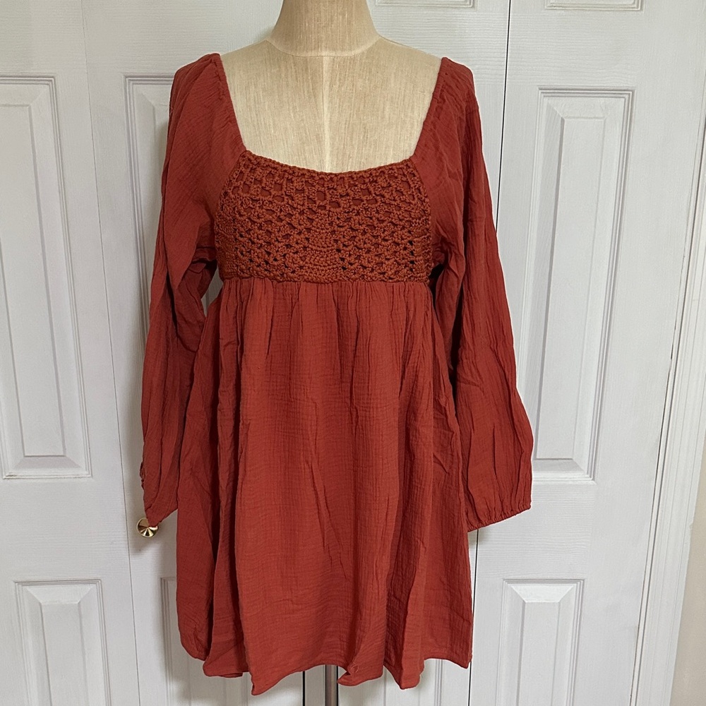 Millibon Long Sleeve Rust Dress with Crochet Detail